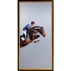 Framed Leaping Equestrian Artwork On Silk Cloth Right - Grey